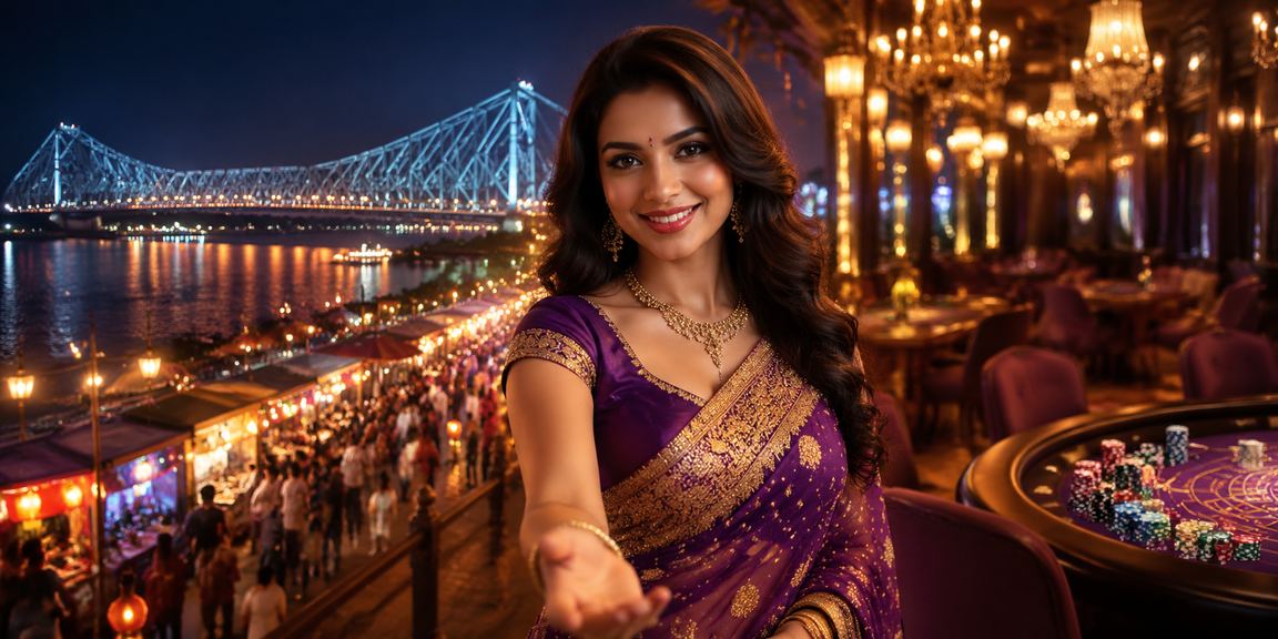 Kolkata city by night with Howrah Bridge and casino gaming ambience